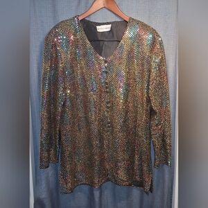 Rainbow Sparkling Sequin Vintage 80s Blouse Top 2XL